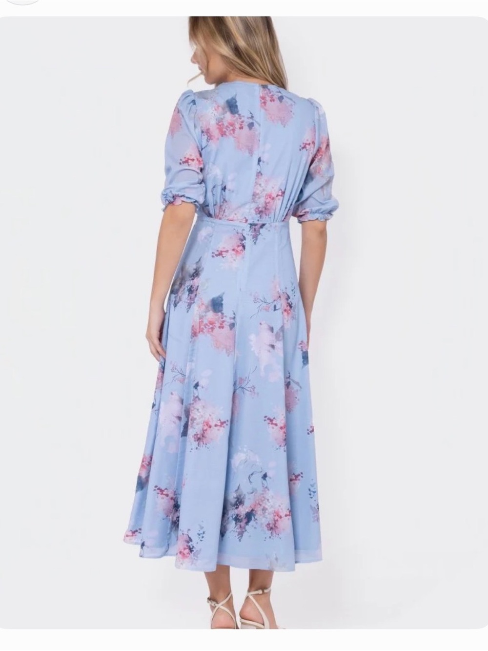 Sky Blue Floral Midi Dress with Puff Sleeves